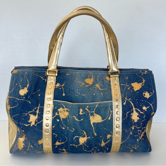 JUNIOR DRAKE Metallic Gold Studded Leather Blue Denim Weekender Oversized Tote - Picture 6 of 16